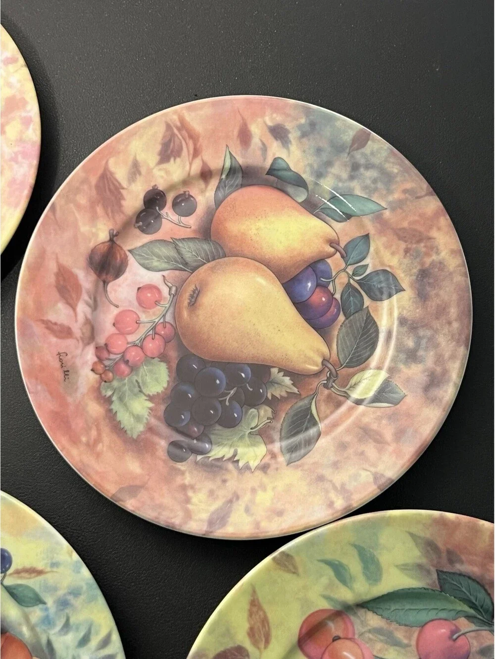 Godinger Email de Limoges 1980s 8 Fruit Salad Plates Hand Painted Marino, 7.5”